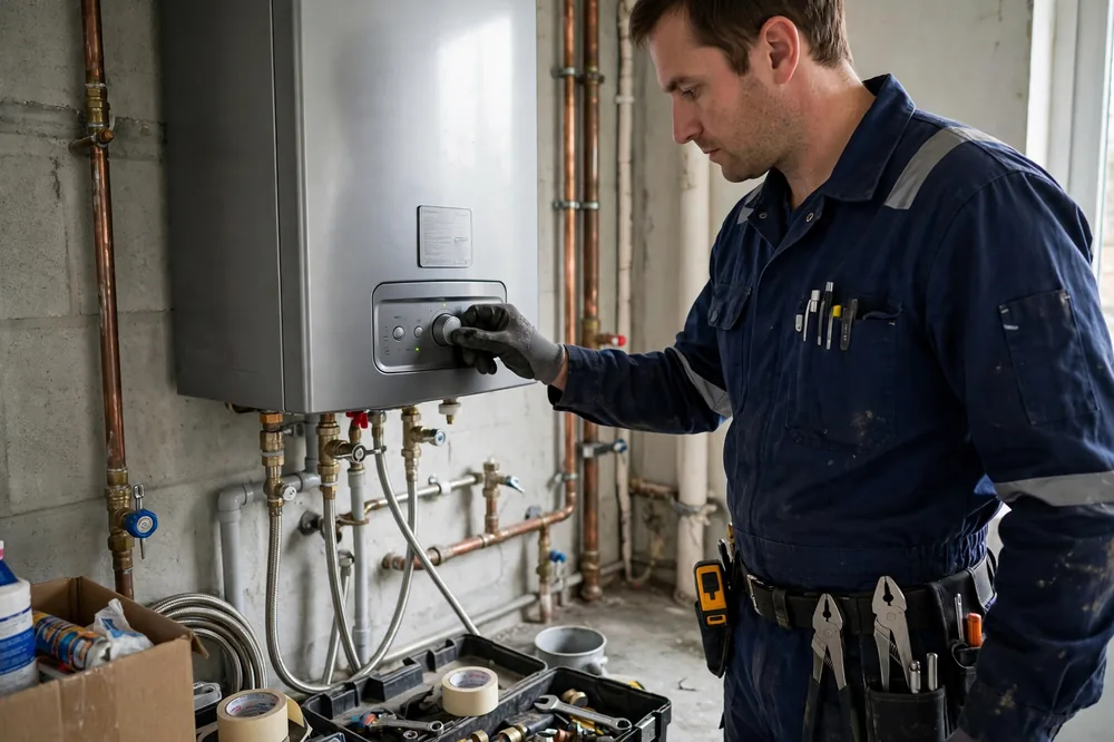 Plumber in a navy uniform adjusting the controls on a modern wall-mounted tankless water heater