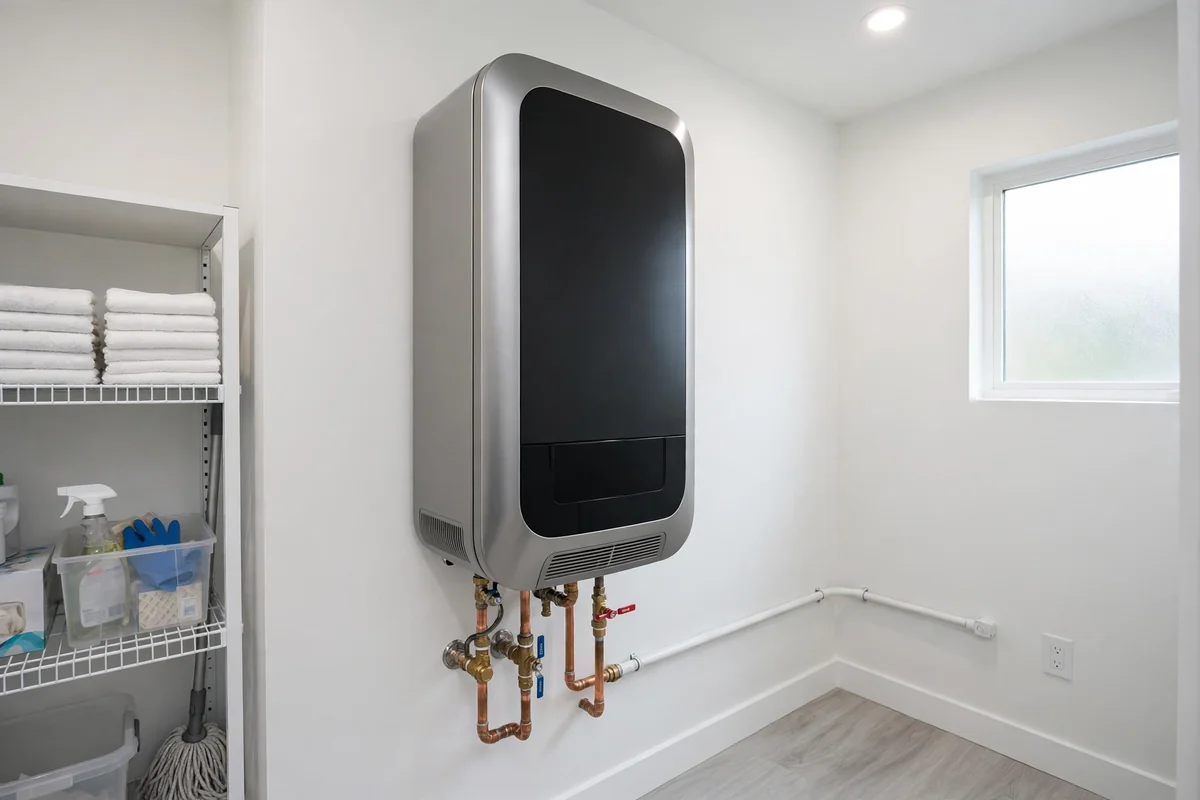 Sleek new wall-mounted tankless water heater in a clean utility room after installation