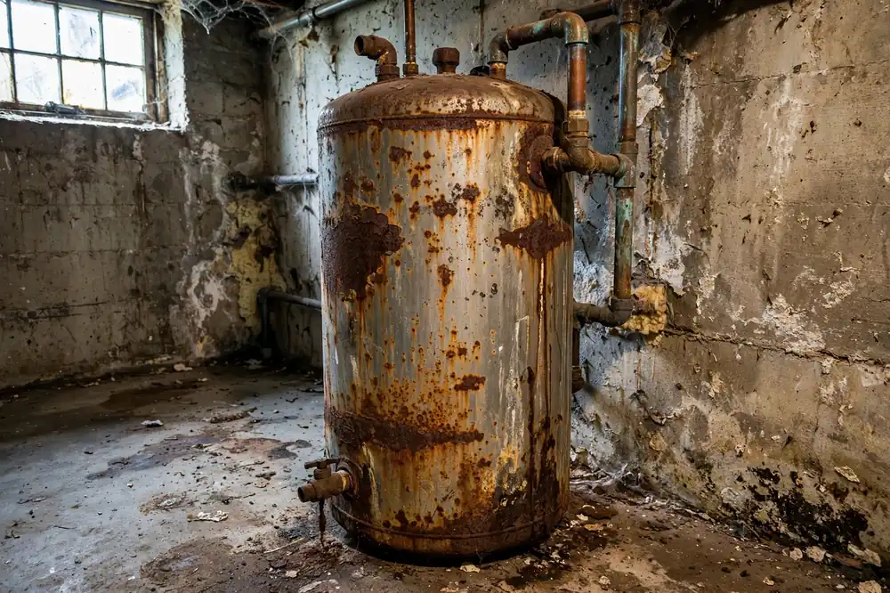 Old rusty tank water heater with stains and corrosion before tankless installation