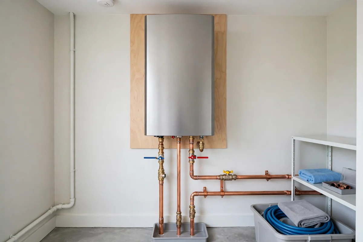 Modern wall-mounted tankless water heater with clean copper pipes in a tidy utility room