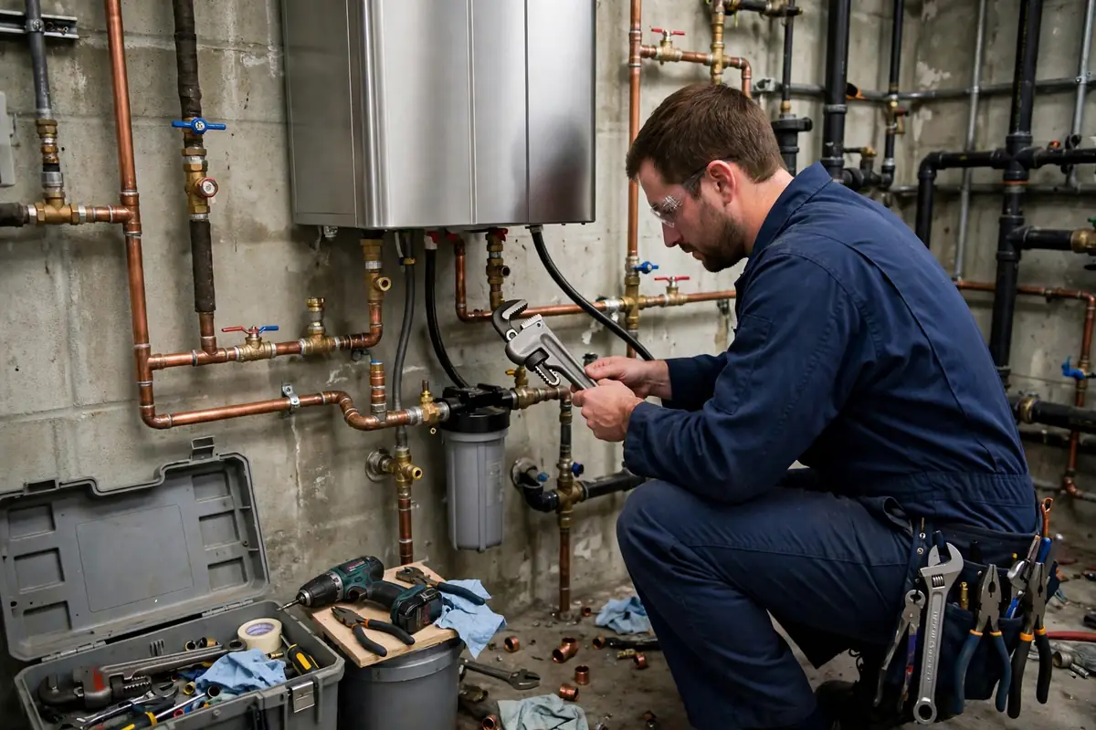 Technician installing a wall-mounted tankless water heater with copper pipes in a utility room