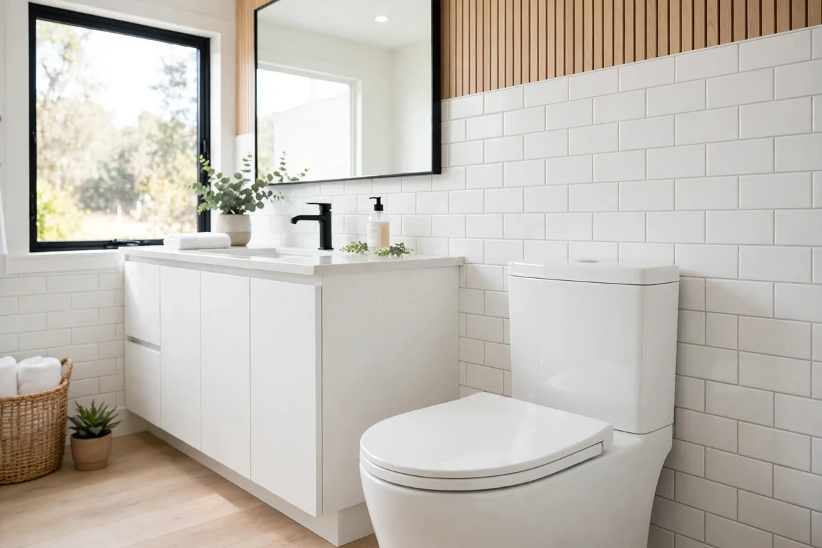 Brand new white toilet with clean modern seat in a bright bathroom after installation