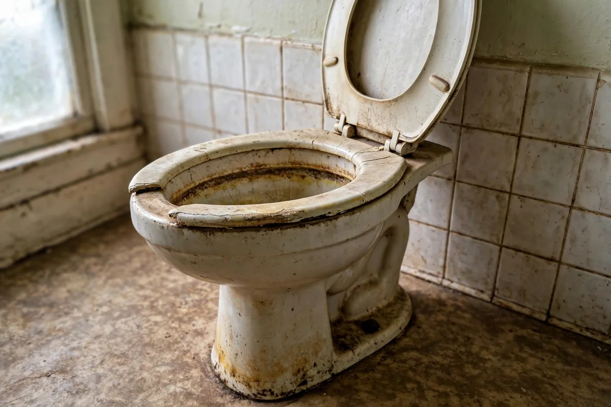 Old stained toilet with worn seat and discolored base before toilet installation