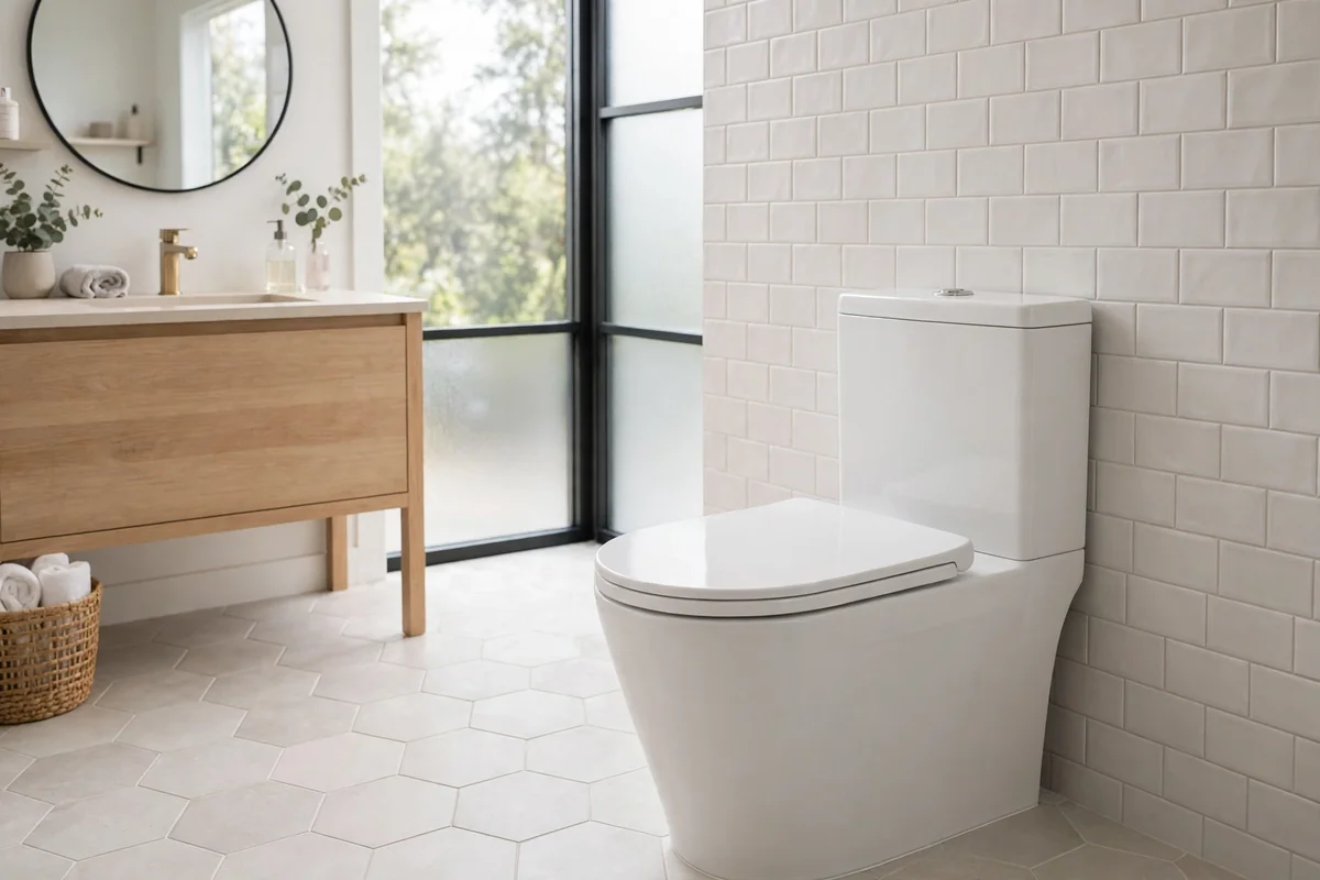 Clean modern toilet in a bright bathroom with fresh tile floor