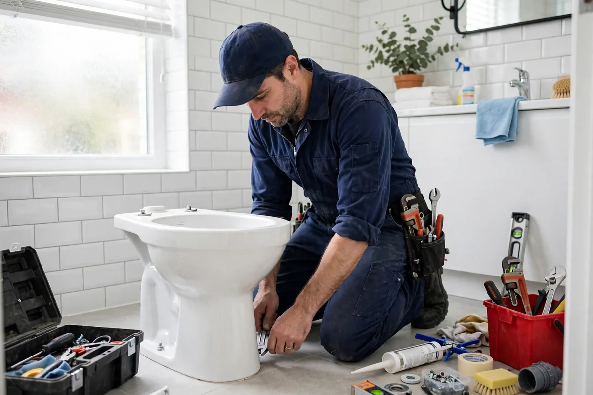 Plumber installing a new toilet in a bright bathroom with tools nearby