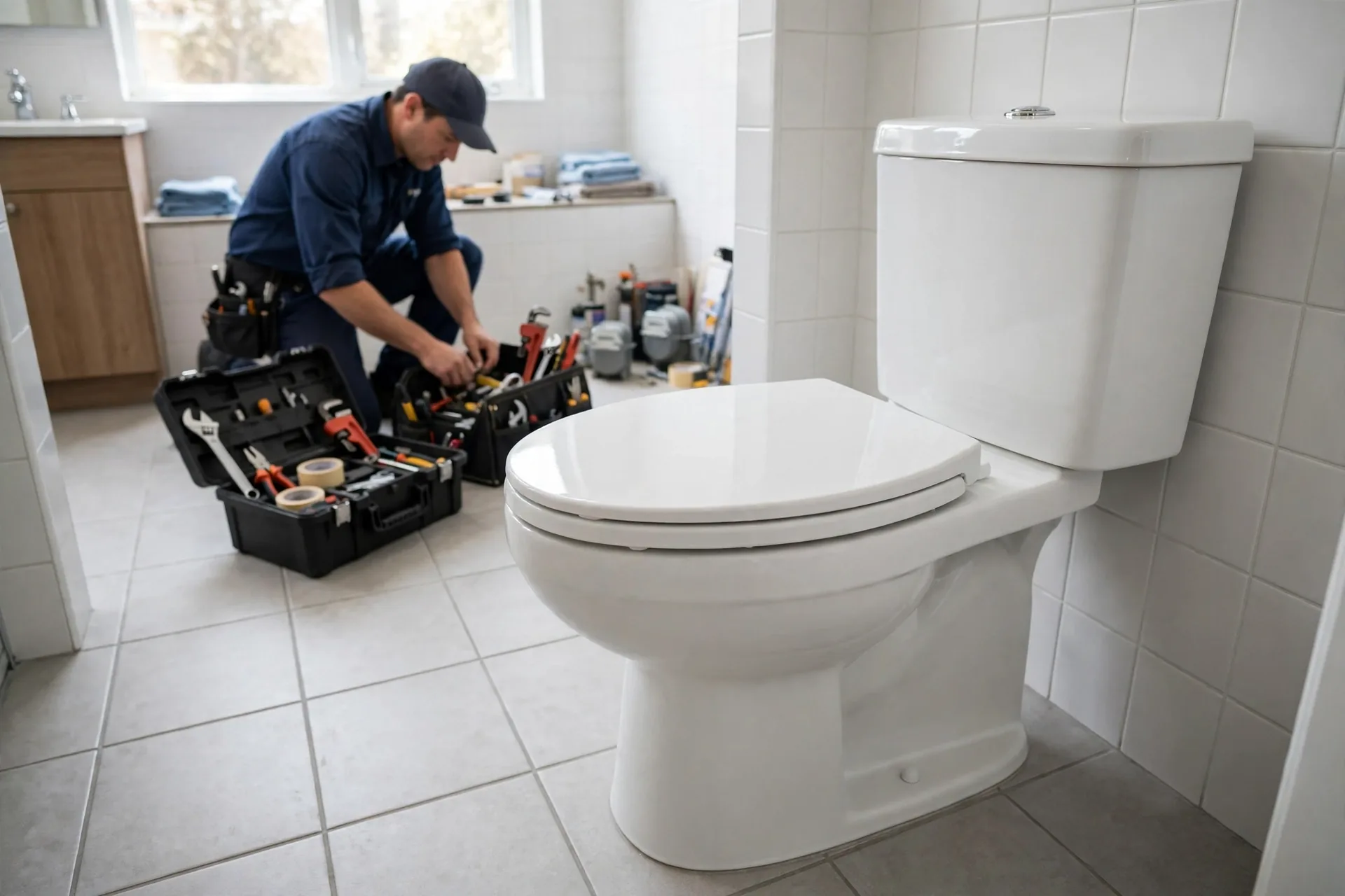 Clean white toilet securely installed on a dry bathroom tile floor