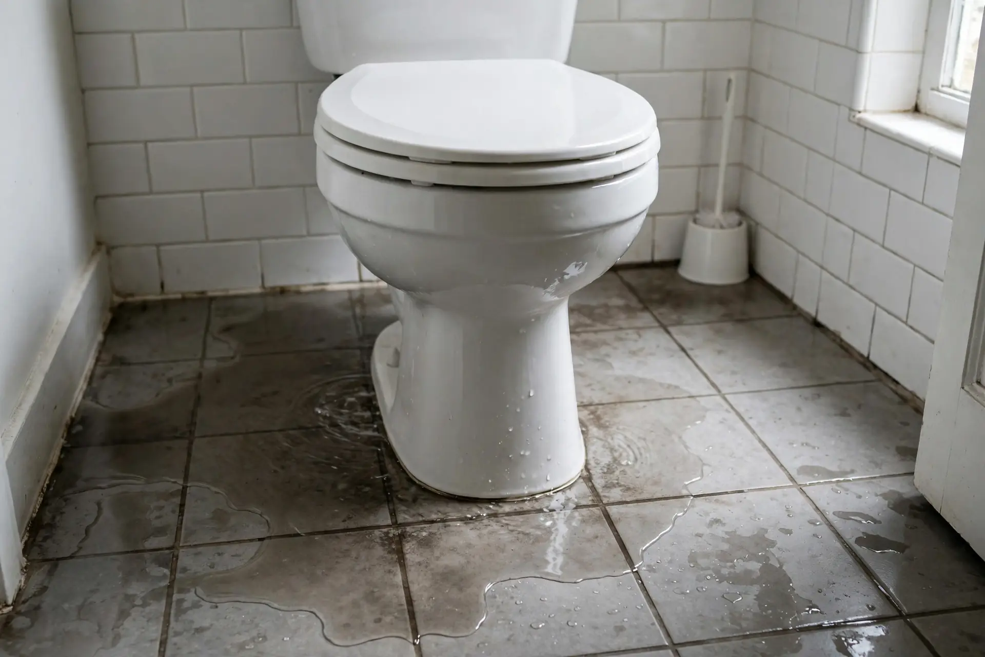 Toilet with water pooling around its base on a bathroom tile floor