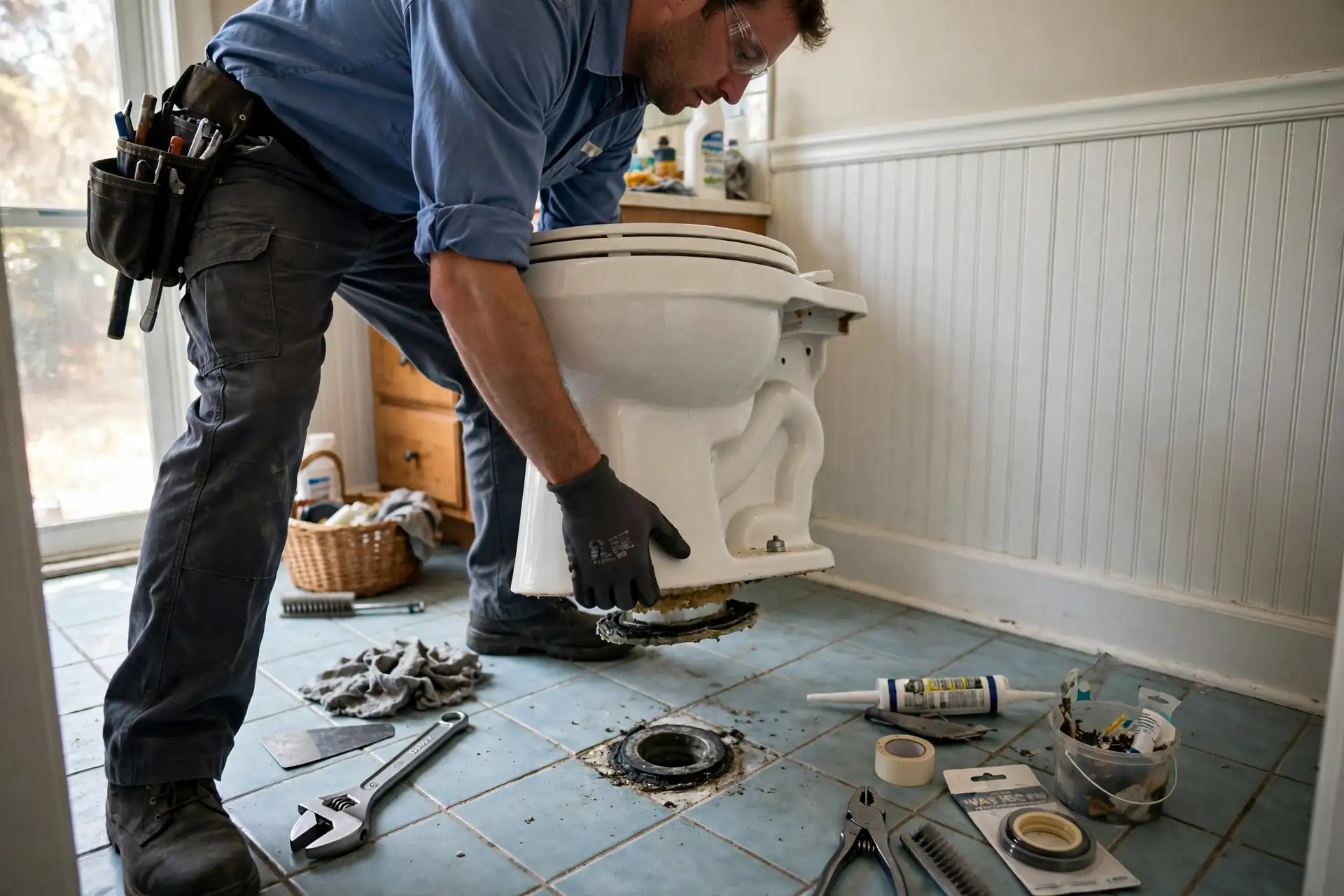 Plumber lifting a toilet off its flange to replace the wax ring seal