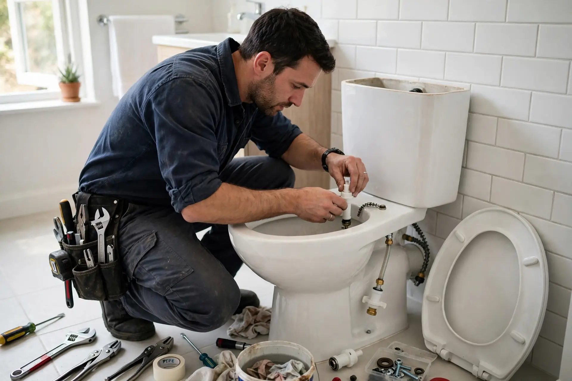 Plumber repairing the inside of a toilet tank with tools on the bathroom floor