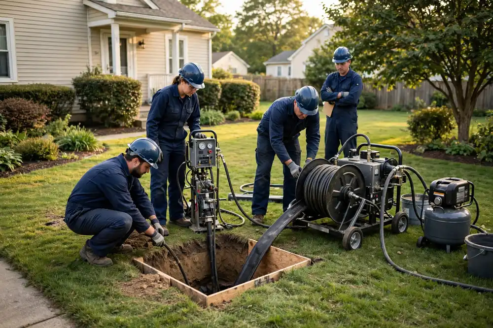 Trenchless sewer repair crew working over a small access pit in an intact lawn