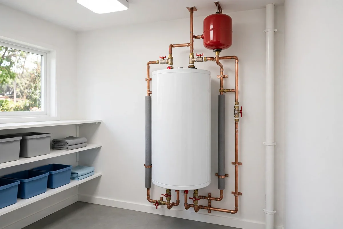 Well maintained clean water heater with neat piping in a bright utility room after maintenance