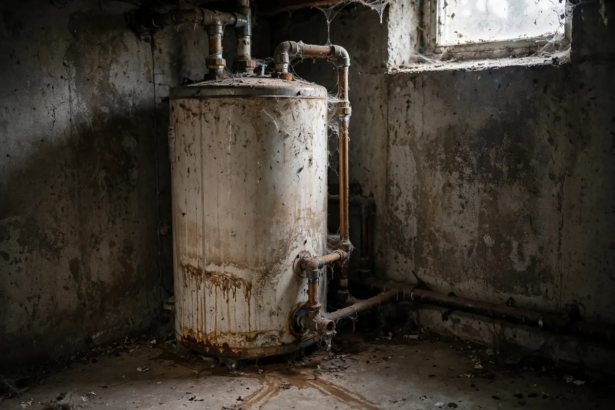 Neglected water heater with sediment stains and dust in a dim basement corner before maintenance