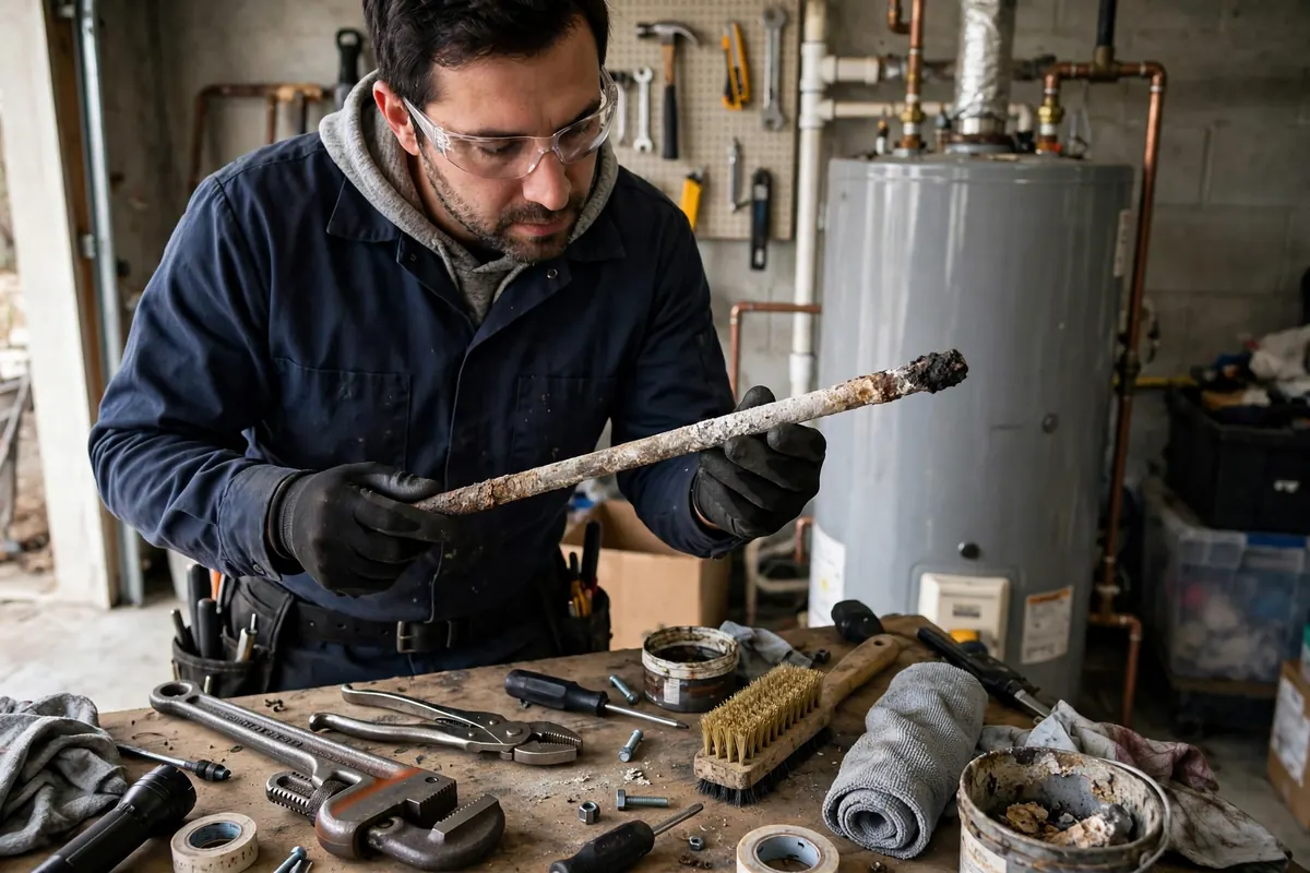 Technician inspecting an anode rod removed from a water heater at a workbench with tools nearby