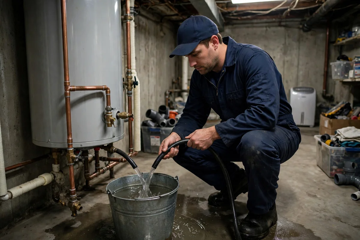 Technician flushing a tank water heater with a hose and bucket in a basement