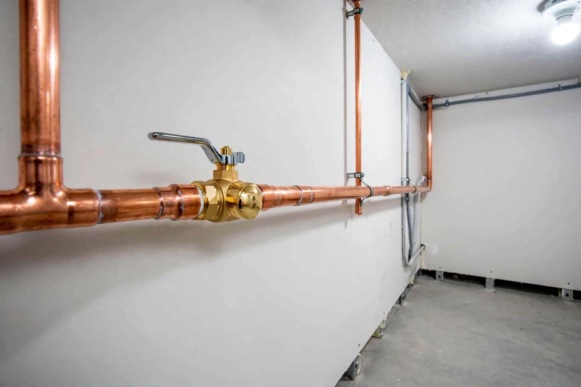 Brand new clean copper water line with a shiny main shutoff valve in a tidy basement