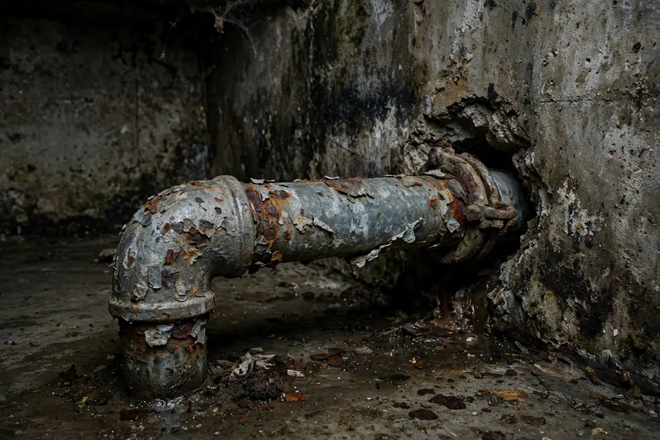 Old corroded galvanized water pipe with heavy rust and flaking at a basement entry
