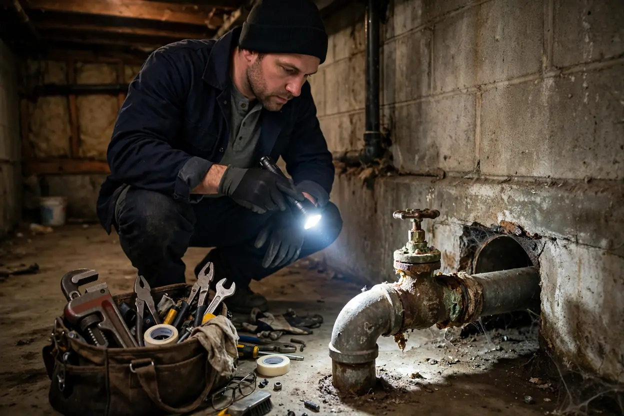Plumber inspecting an old corroded water main entry pipe in a basement with a flashlight