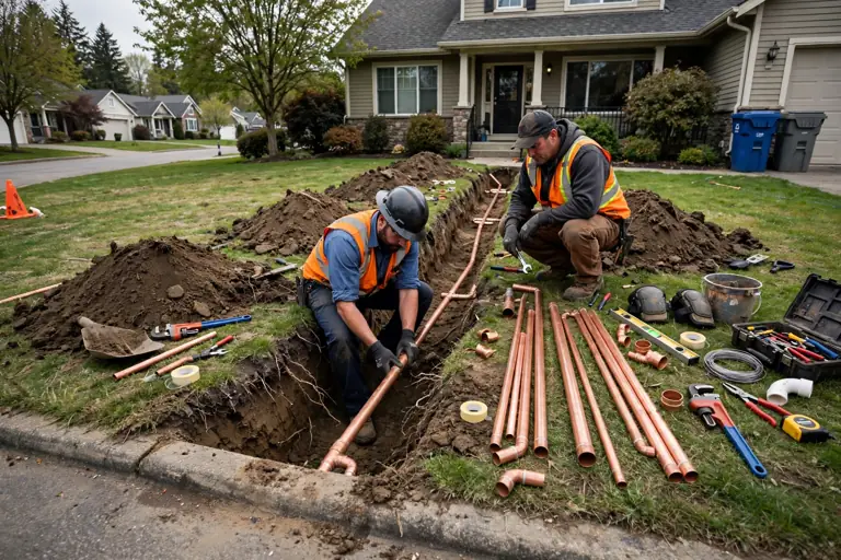 Plumbers installing a new copper water service line in a trench in a front yard