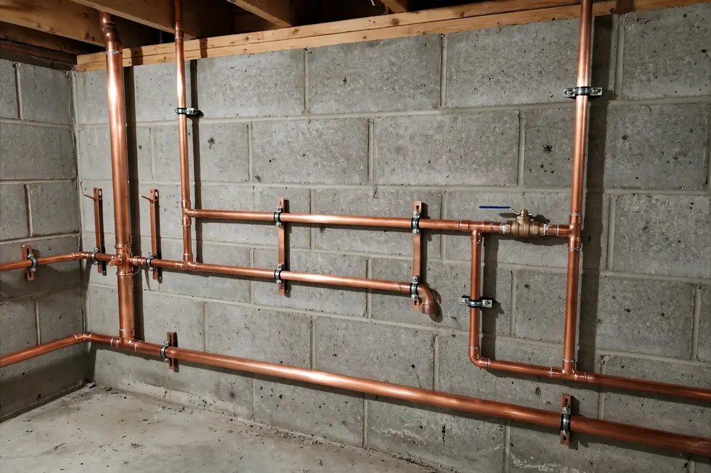 Clean new copper water pipes neatly installed along a basement wall