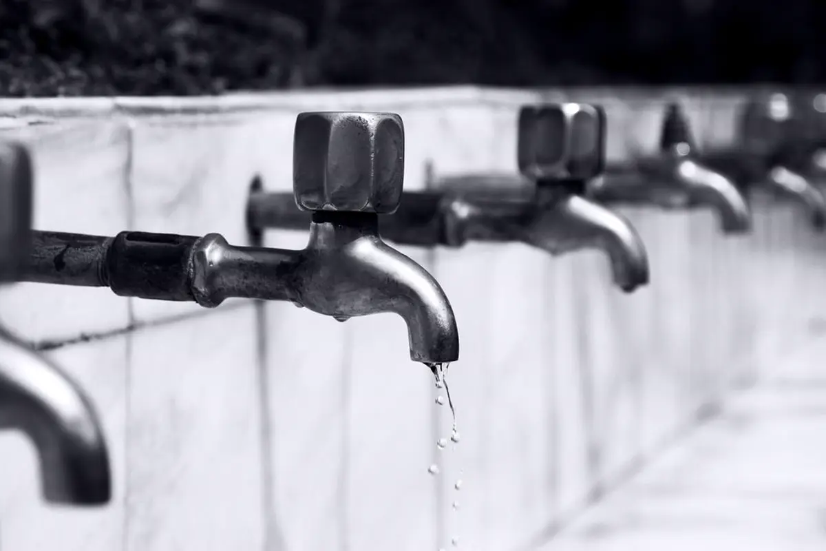 Free Black and white image of a row of faucets with water dripping, highlighting plumbing details. Stock Photo