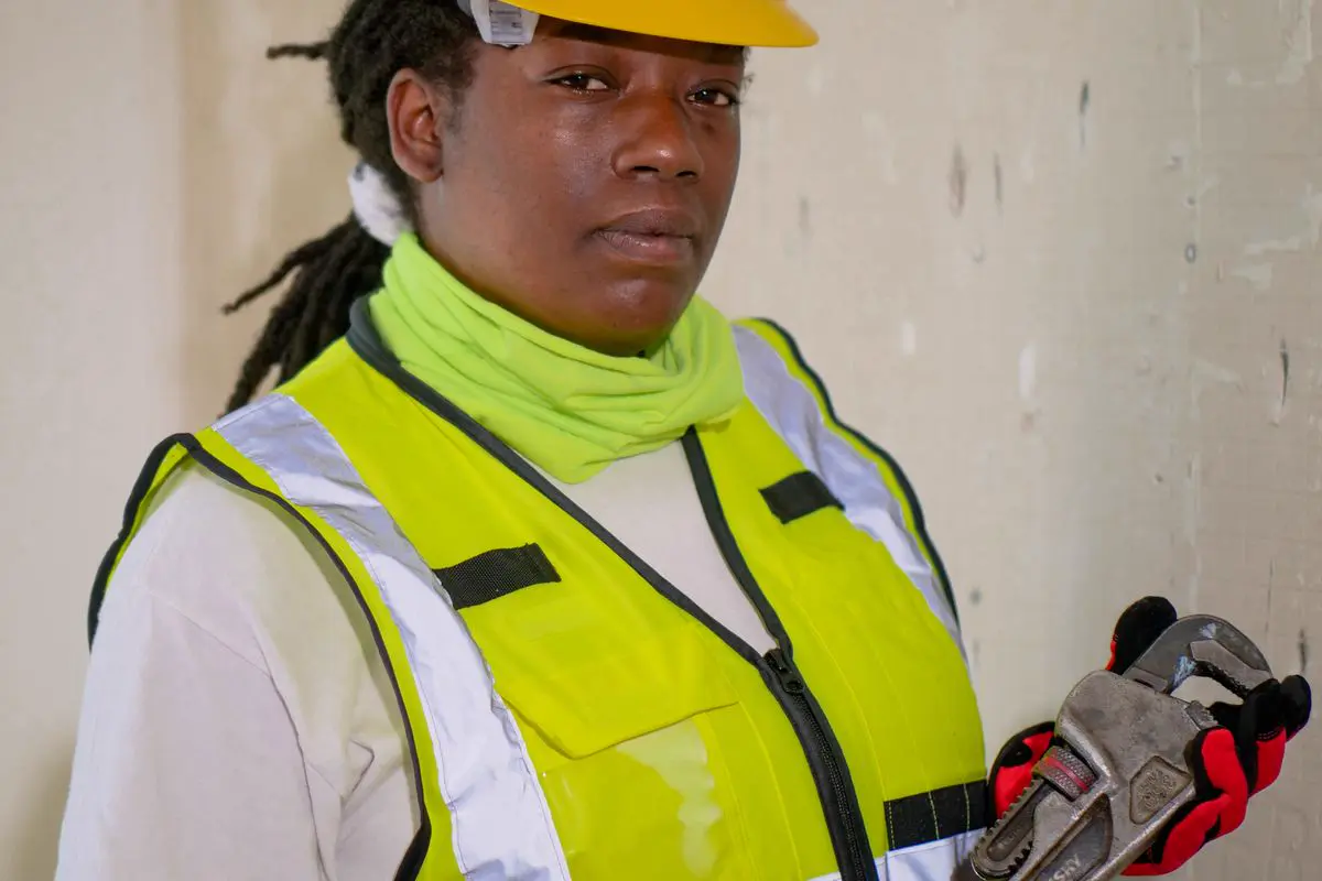 Free Confident handywoman wearing safety gear and holding a plumber's wrench indoors. Stock Photo